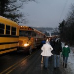 Busses bring people in from all over town.