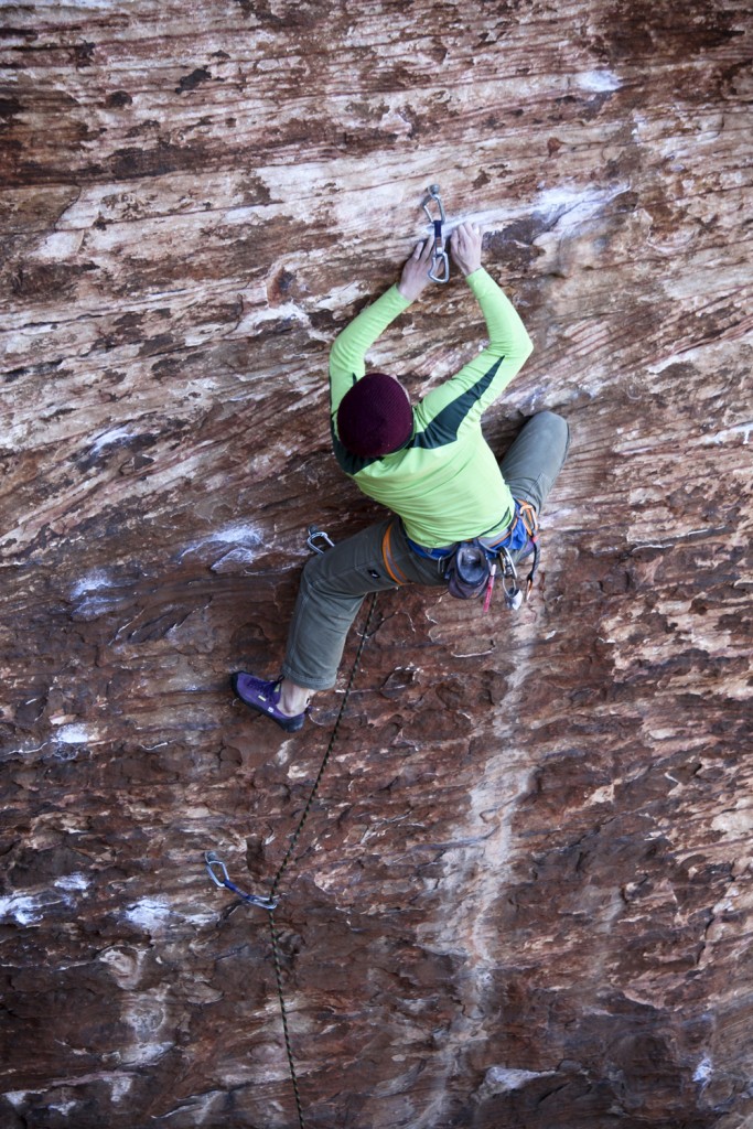 Ben about to crux on Maneater (5.12a)