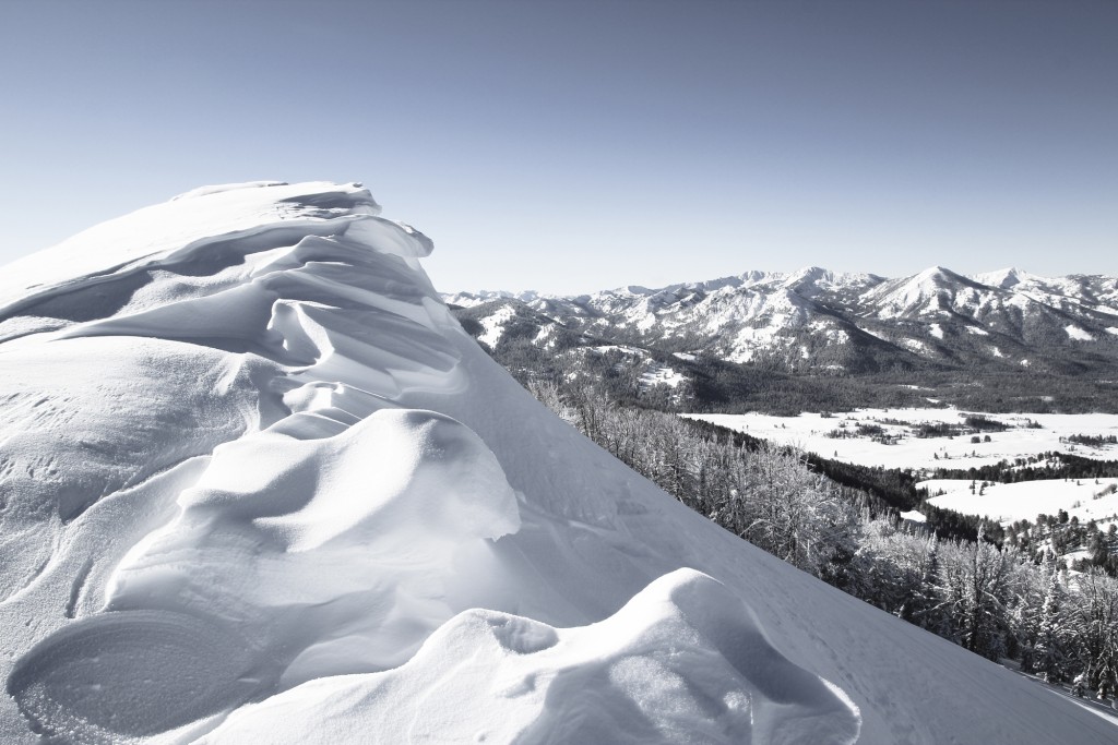 A drifted ridge line atop Galena Summit overlooking the Sawtooth Mountains. 