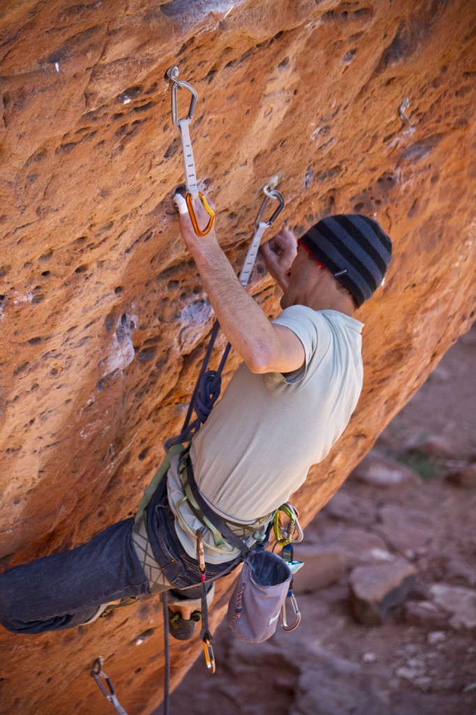 Hard crimpin' on the initial crux of The Actual Parchments (5.13a).