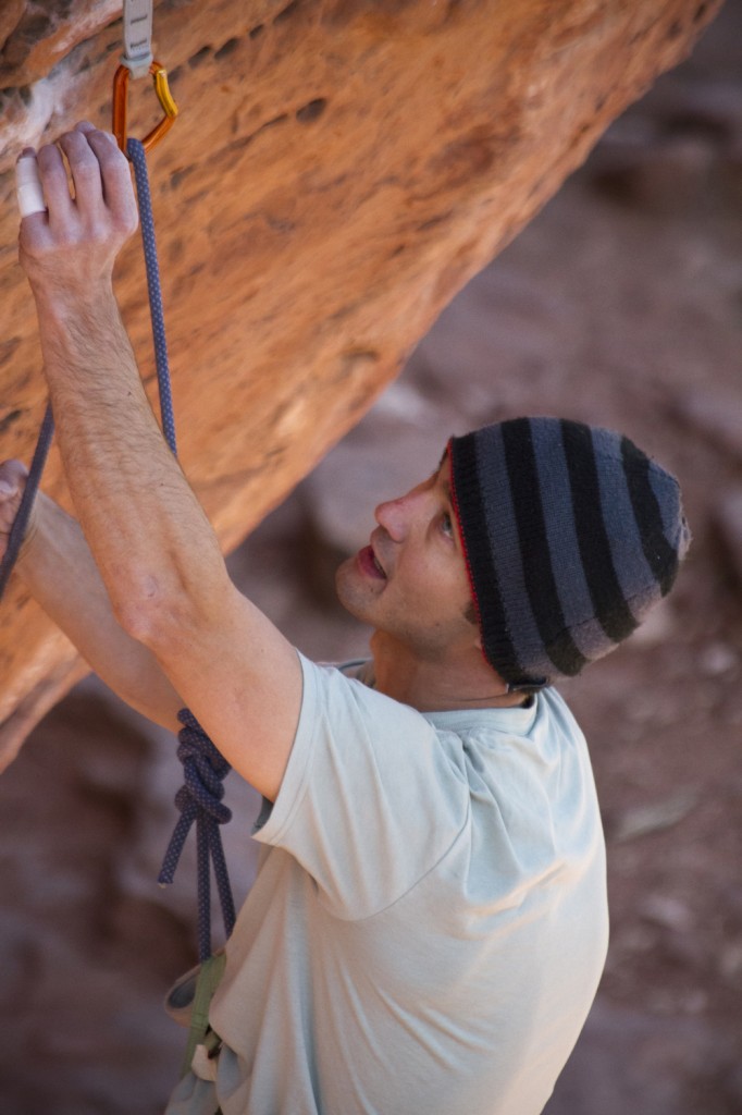 Jeremy sussing beta on The Actual Parchments (5.13a).