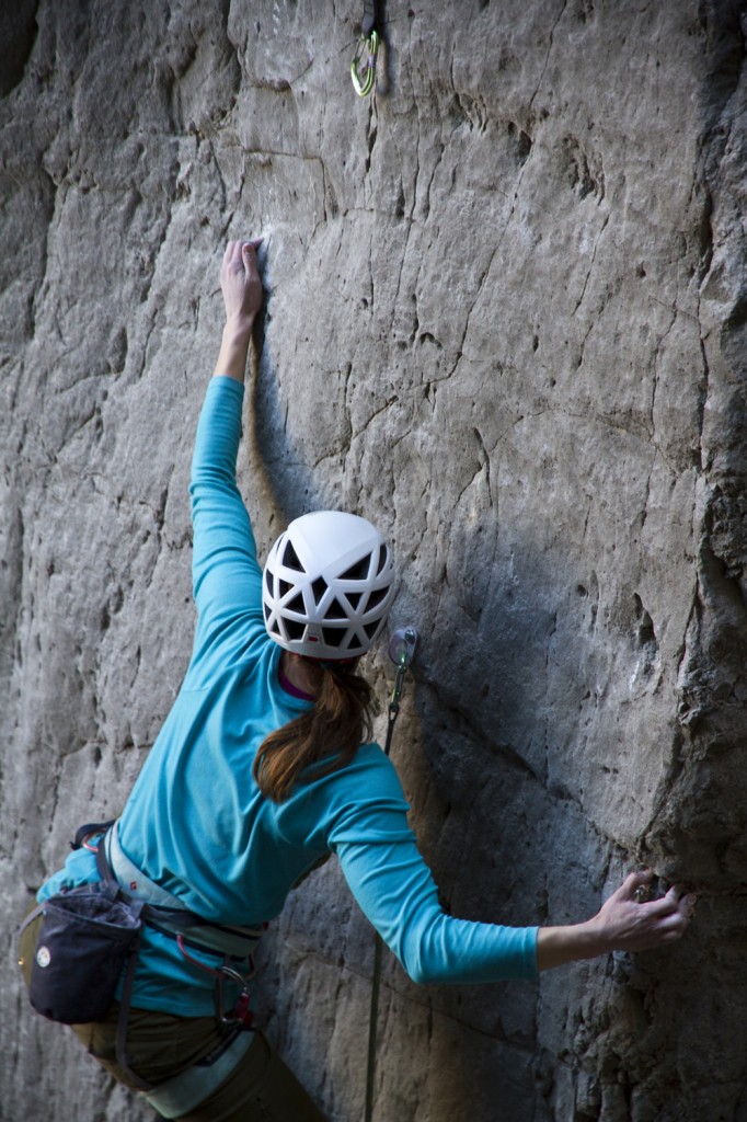 Dana starting up the Unknown 5.12a/b at The Grail. Fun and bouldery beta mark the first 3 bolts of this gem.