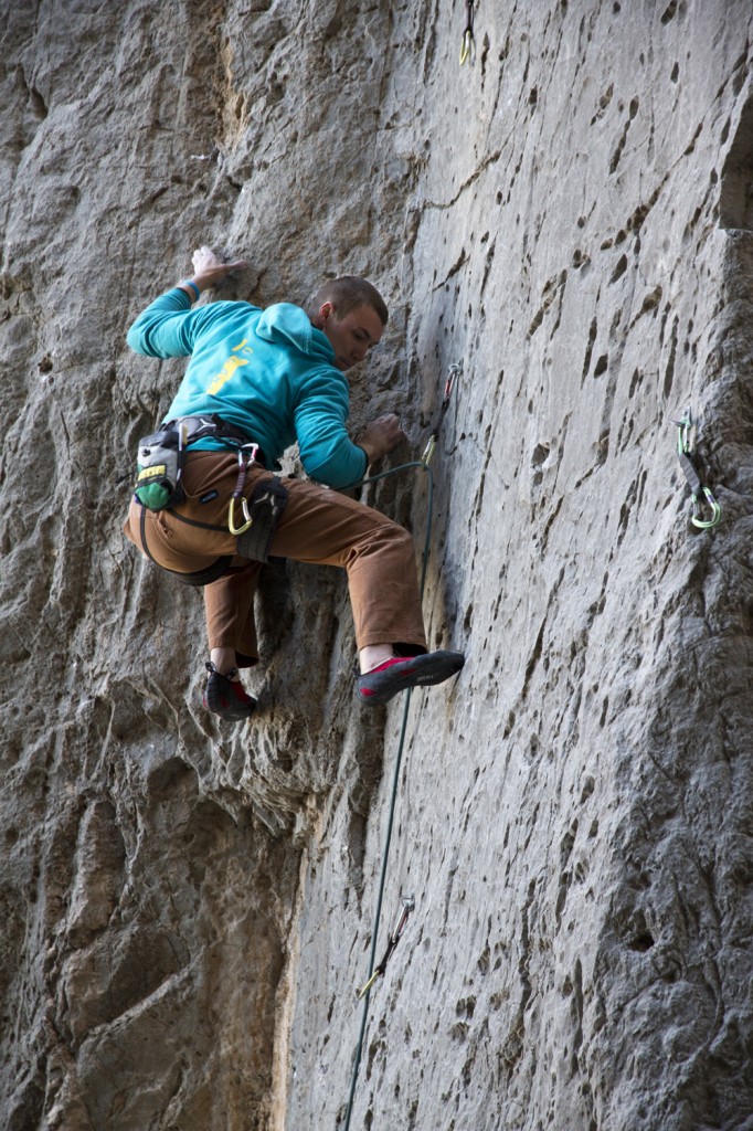 Steve in the crux of Greyhound (5.12a) at The Grail. The Grail sits just east of Mesquite, Nevada but the crag sits just over the Arizona border.