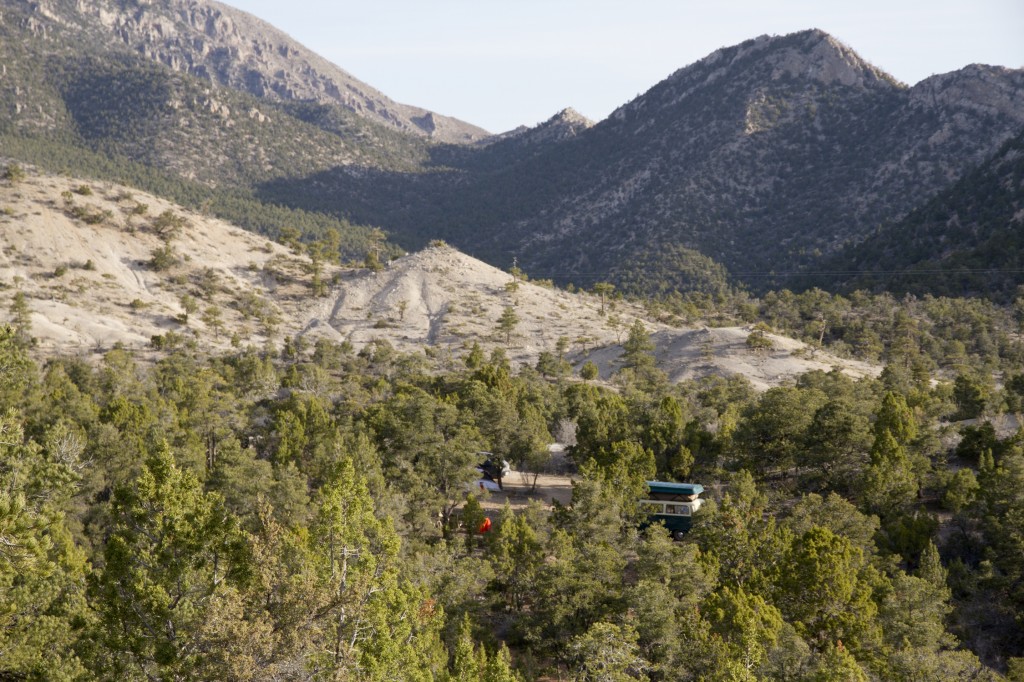 Sunset Alley camp. The crag was a nice 20 min walk down the wash past the gravel cone in the center of the image.