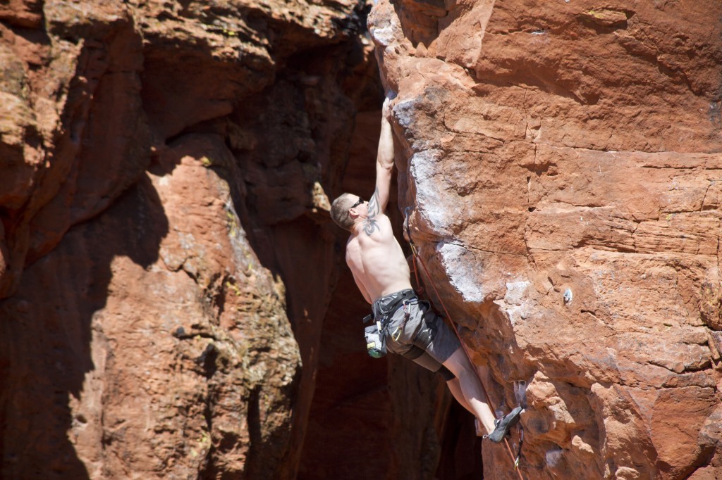 Steve on the red point crux of Second Coming (5.12a) at Chuckawalla Wall just on the outskirts of St. George, Utah.