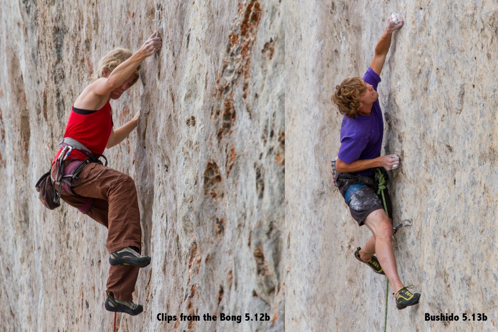 Robyn and I feeling about as strong as ever and dispatching some of our hardest routes on the same day. At this point I think both of us could have gotten on something even harder. The Fins, ID. July, 2013.