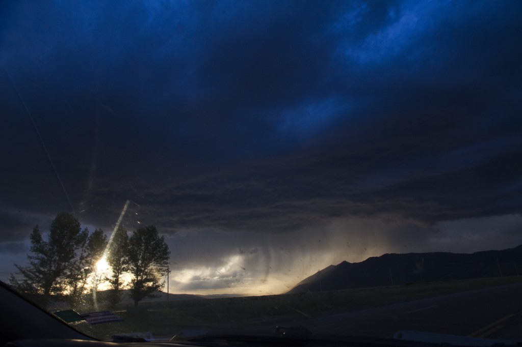 Crazy skies as we approach Yellowstone National Park from the west side. We practically had the park to ourselves on this drive. The sunset was amazing, people were snug in their camps and we watched elk, antelope and buffalo roam (sometimes dangerously close). With all the thunder and lightning around we somehow came out on the Cody side without feeling a drop, and camped at a trailhead down out of the mountains to the east.