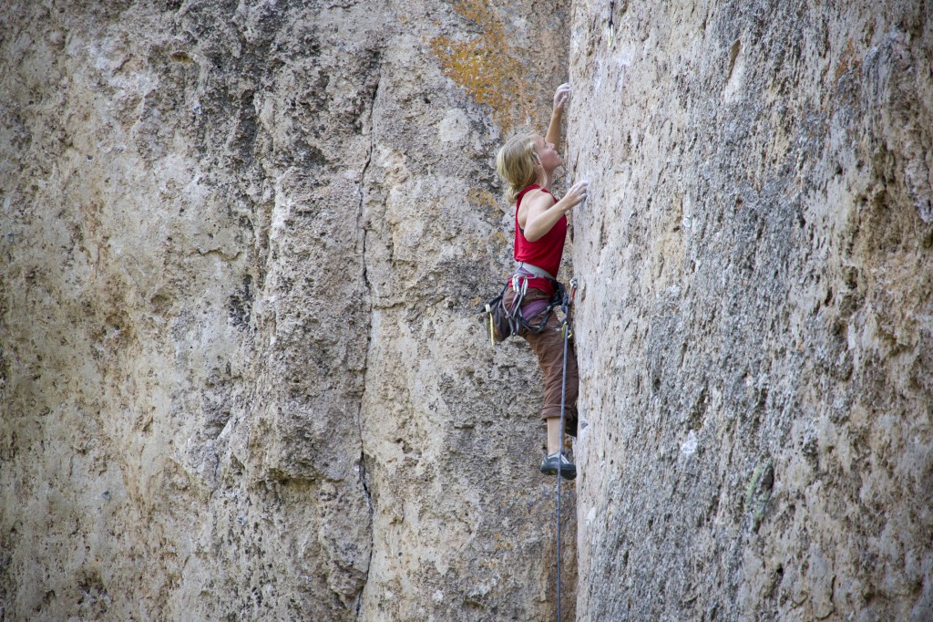 Robyn on Bikini Girls with Machine Guns (5.11b). This climb was one of our favorites, amazing movement on perfect two finger pockets. Small but not tweaky and just plan sustained fun.