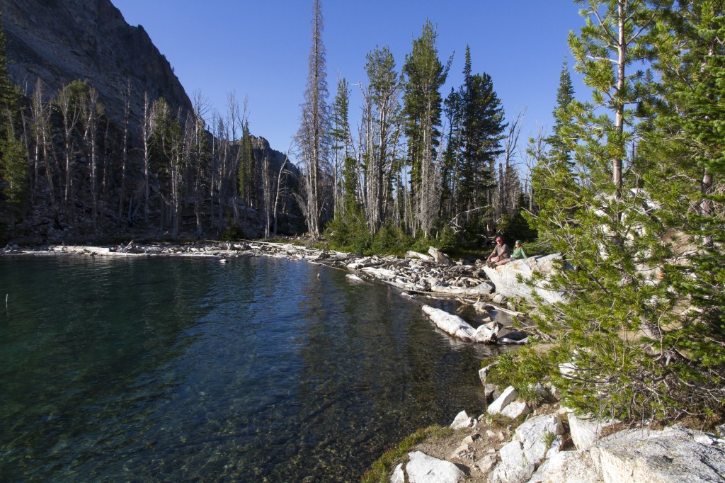 Mom and dad watching from a nice rock in the sun while Robyn and I pull in Brook Trout from Sawtooth Lake.