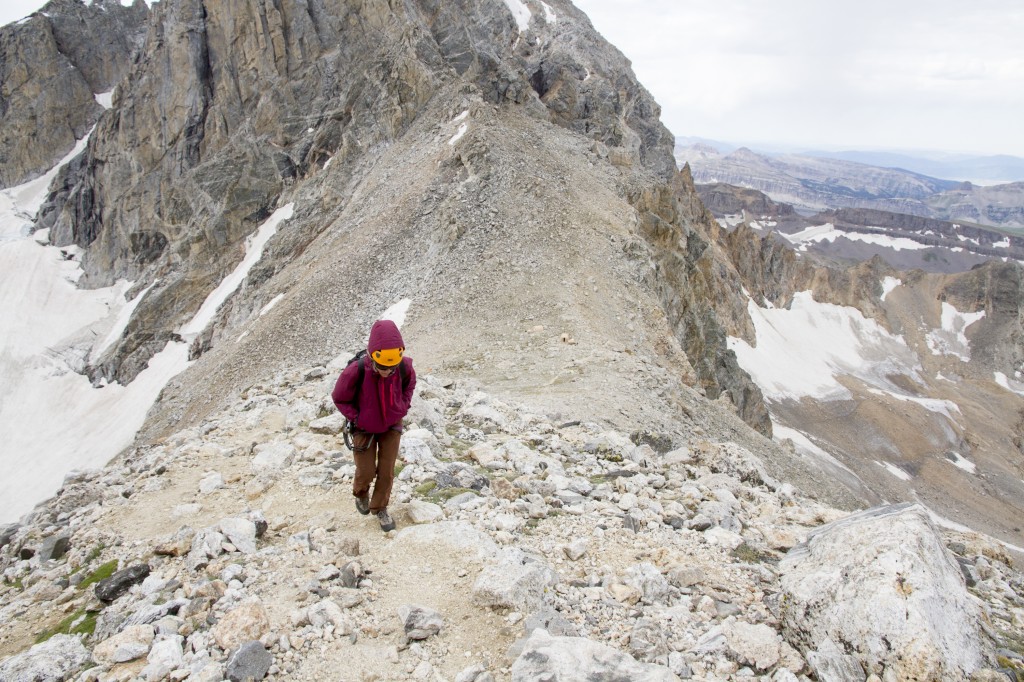 Robyn starting up the long scramble to the upper saddle. Although scale is next to impossible here, there is a mountain hut an inch to the right of Robyn's helmet in this picture... and we are JUST getting started.