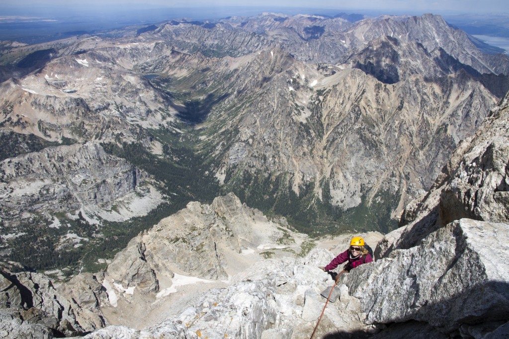 Robyn climbing out the top of the Owen-Chimney.