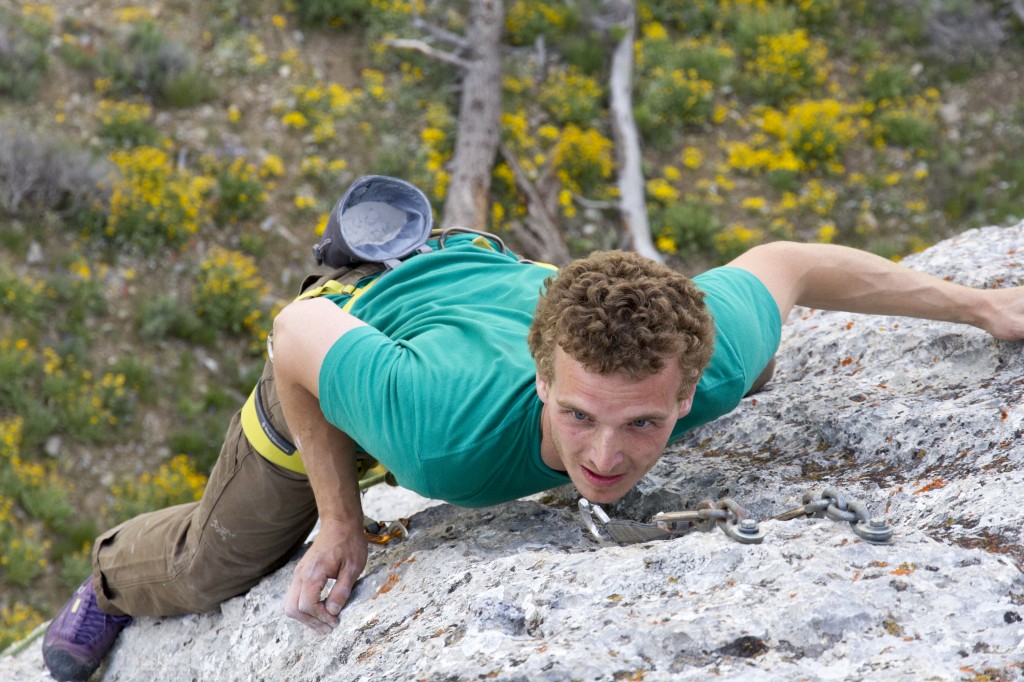 Ben on the tricky crux upper half of Clips from the Bong (5.12b/c)