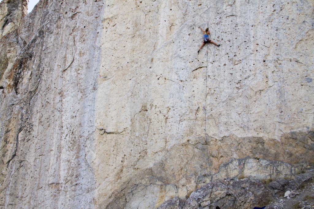 Kim on Martini a classic (5.12a) on the lower section of the Discovery Wall.