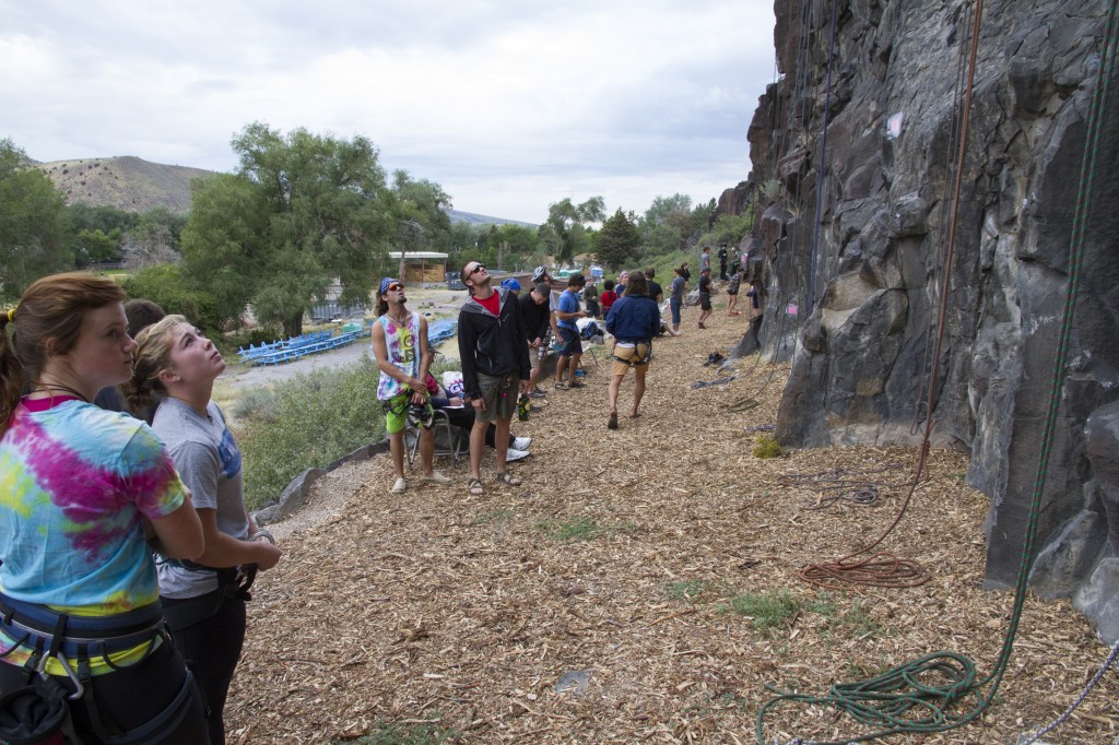 Lots and lots of pre-placed top-ropes all with a point value associated with them. The first day we were given 3 hours to complete as many as we could. The leaders of each category after day 1 advanced to the lead climbing competition the next day.