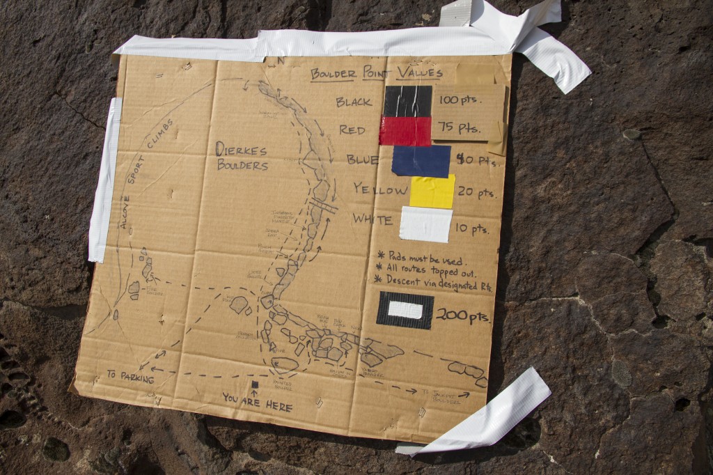 A map and legend for the 180 boulder problems to choose from during the comp!