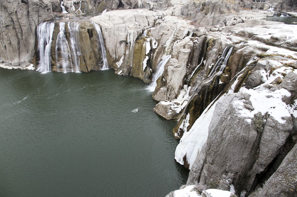 Shoshone Falls in the winter. When climbing at The Prow, you are towering above the falls and the reservoir below. 