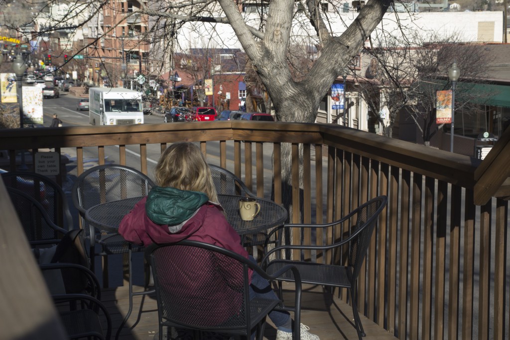 Robyn and I went for a walk this morning and found this nice coffee shop overlooking main street and the surrounding mesas. 