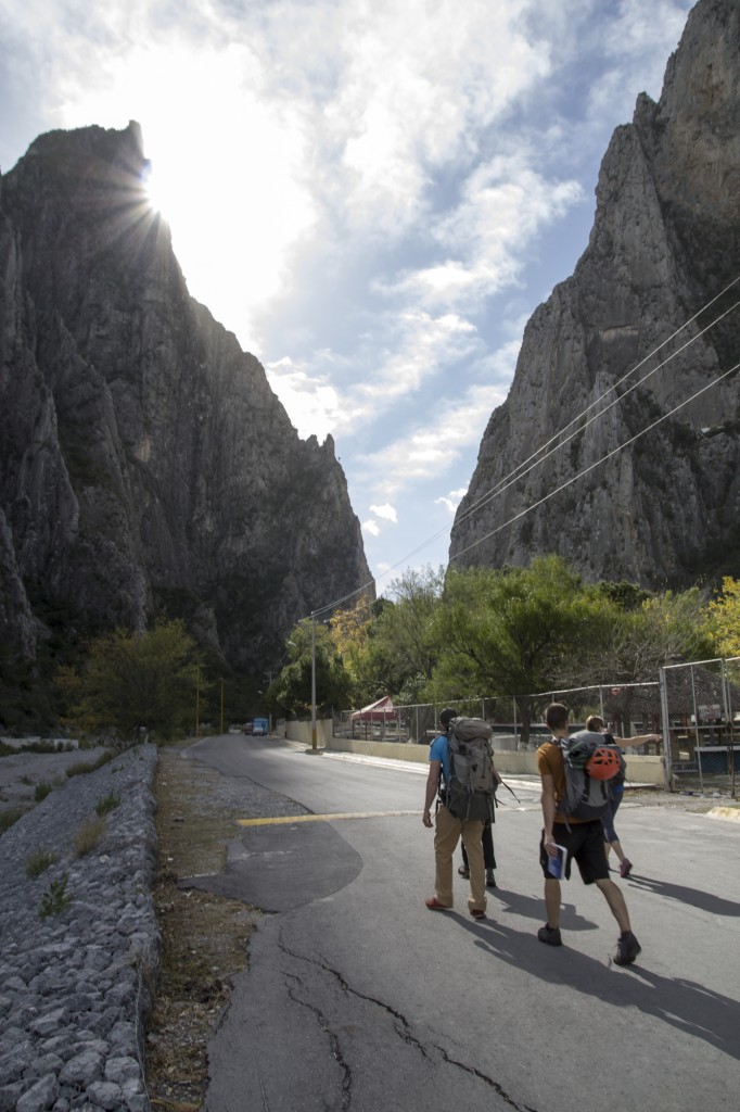 This road runs between the two major formations of El Potrero Chico. You can literally belay from the road in some cases. On the right is a swimming facility with about 500 cement BBQ's.