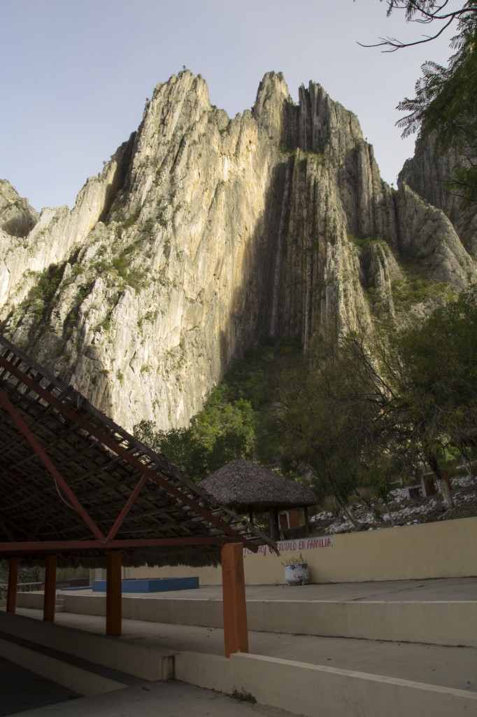 View of the eastern summit from the swimming facility. To give some scale, the route Super Nova (5.11a) runs up the prominent grey streak. It's 8 pitches and over 800 ft.