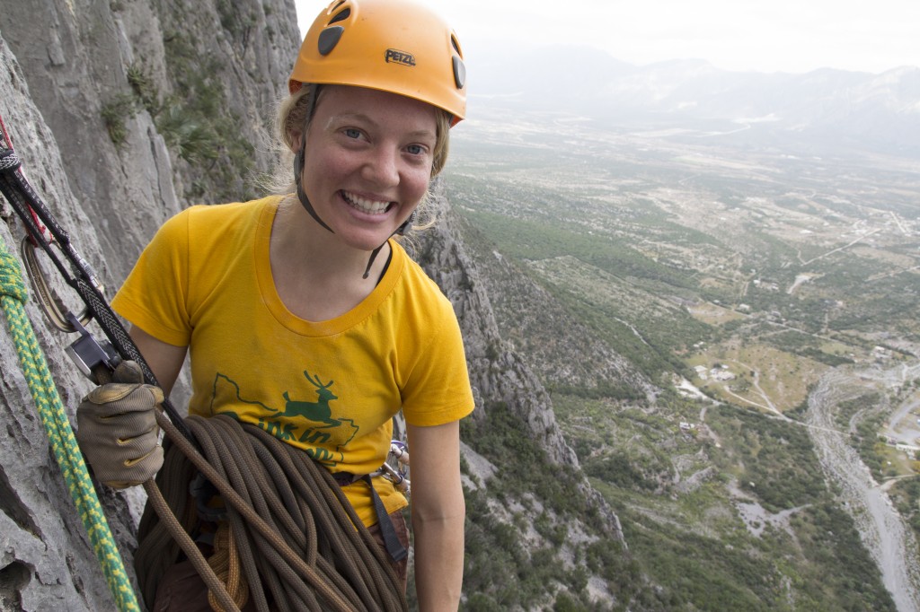 Robyn at the top of pitch 5, high up on Satori. 