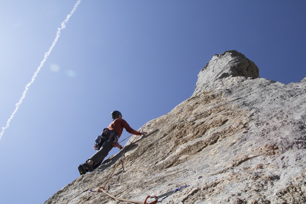 Ethan on the summit pitch of the Chico Spire. A technical 5.10+ with mega cool exposure. 