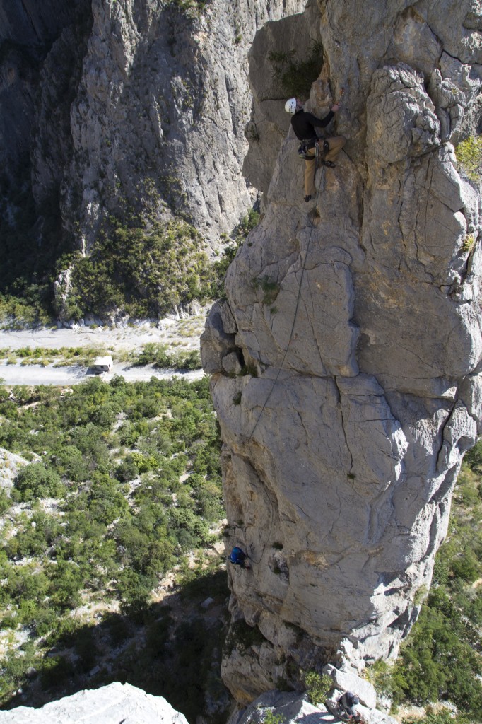 Steve and Lauren work their way up the Grande Spire. Stunning backdrop. An amazing looking route! 