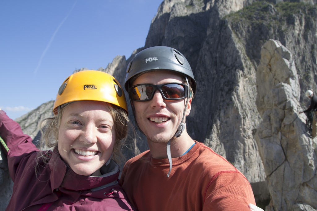 Hanging out on the summit of the Chico Spire (5.10+) as Steve brings Lauren up to the summit of the Grande Spire. 