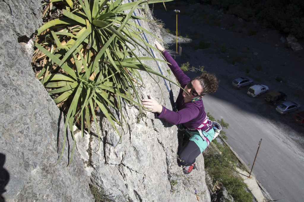 Cora getting wild on a perfect pitch of bullet limestone. It's awesome climbing past funny pokey plants and cactus. 