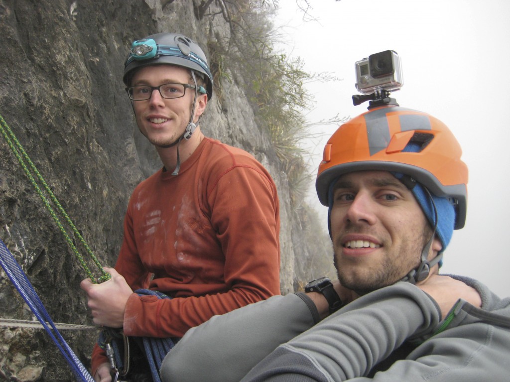 I think this was at the top of the second pitch. Climbing in the fog and over wet cruxes. Stoked it wasn't raining. No idea what we were in store for. Awesome adventure. 