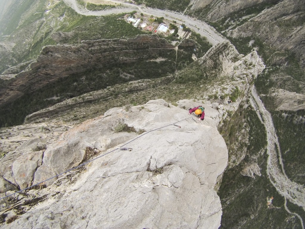 Robyn on the wildly exposed 15th pitch of Yankee Clipper (5.12a).