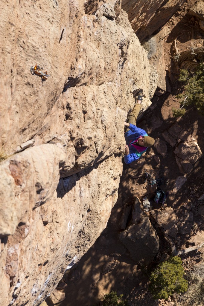 Will emerging from the overhang on Wadsworth Boulevard (5.10a/b), our first climb of the morning at Cactus Cliff. 