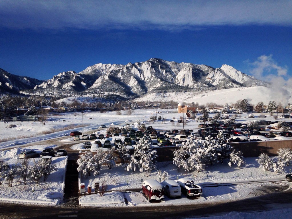 View of the Flatirons from the Boulder office. 