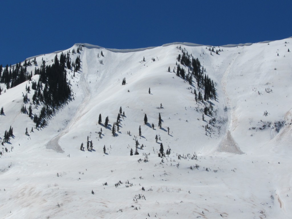 Fresh Loose Wet avalanches on the snowmachine ride back to the car. Gunnison Zone