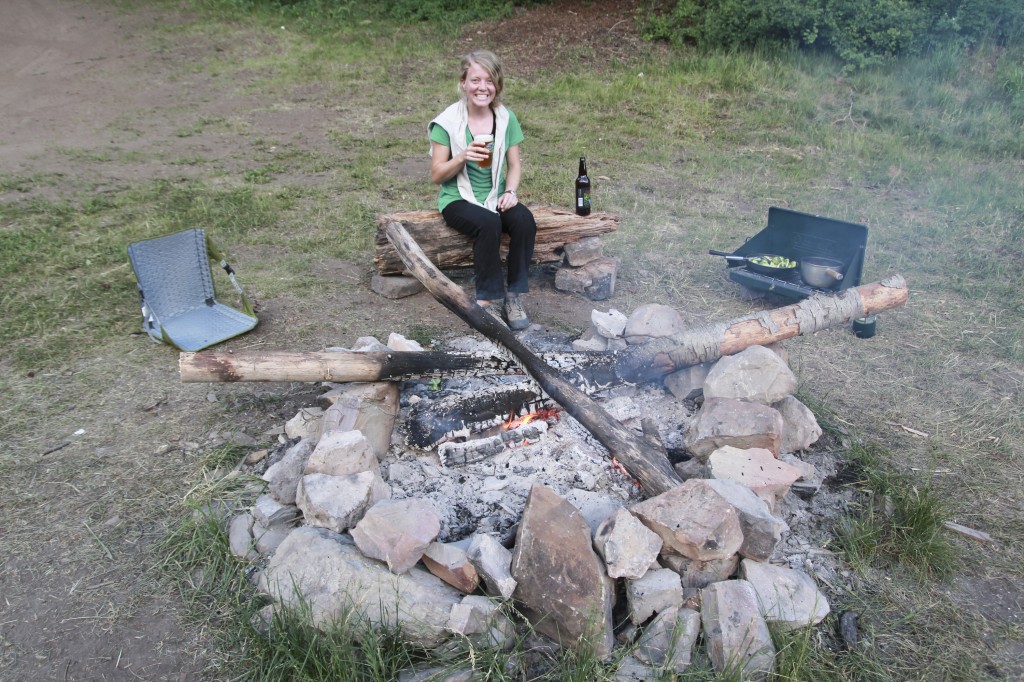 Robyn enjoying our makeshift chairs and table after an unfortunate burglary. 