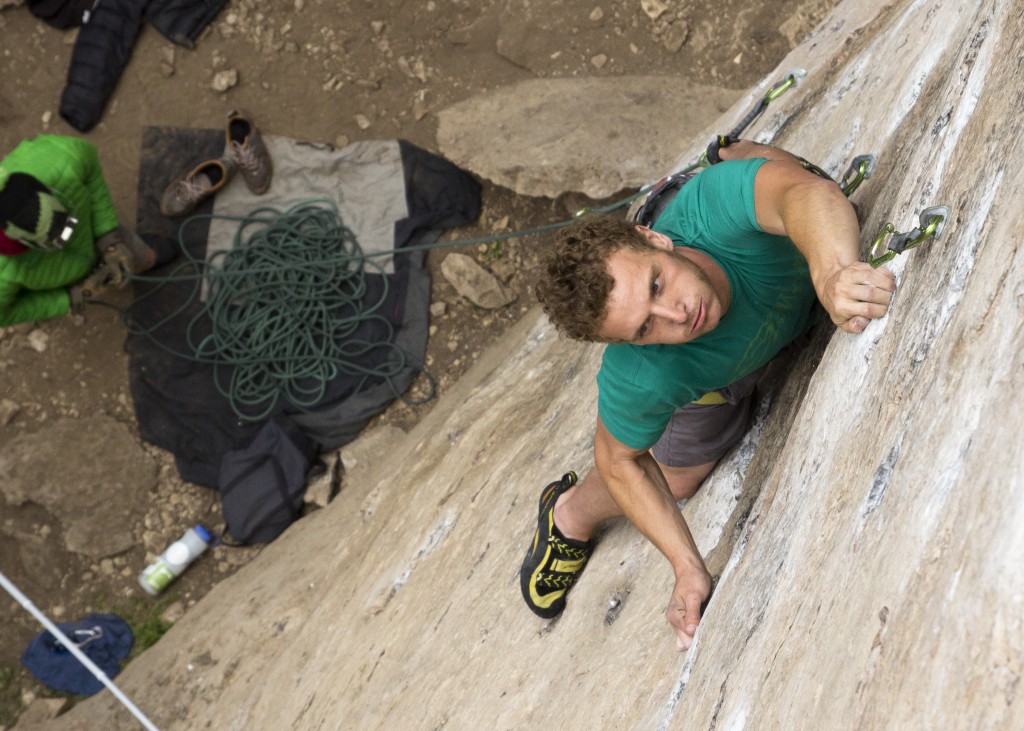 Ben eyeing up some low crux moves on The Great White Behemoth (5.12b).