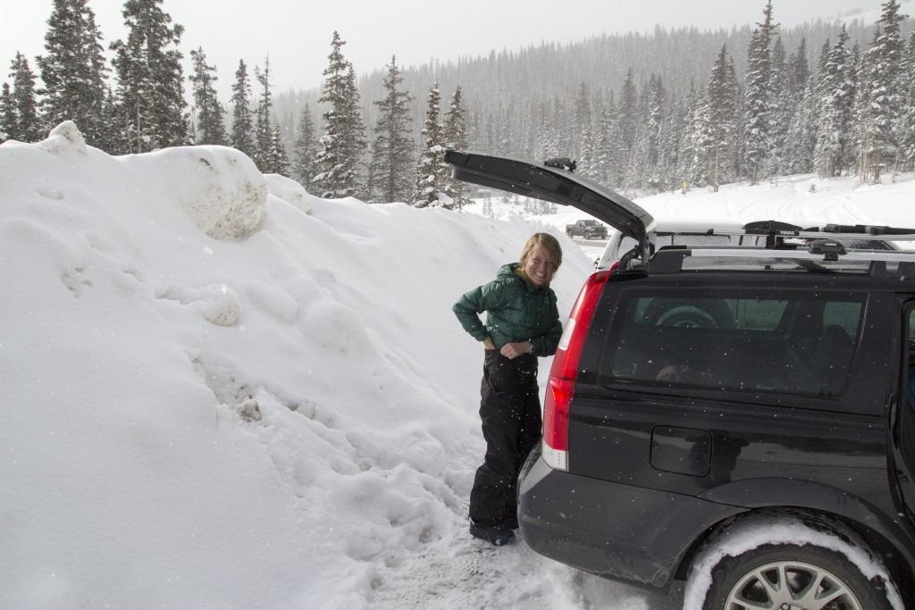 Robyn getting ready to skin up Pumphouse near Berthoud Pass, CO.