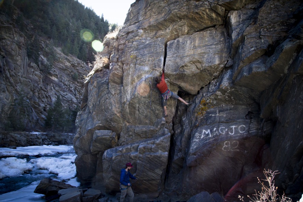 Ethan on the short but fun High Tides (5.11a). Only climbable at low water.