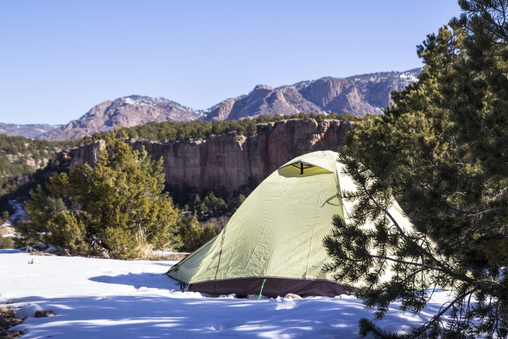 Pitched the tent on the snow insead of our muddy alternative. A bit chilly the first night but the climbing temps were perfect! - Shelf Road, CO