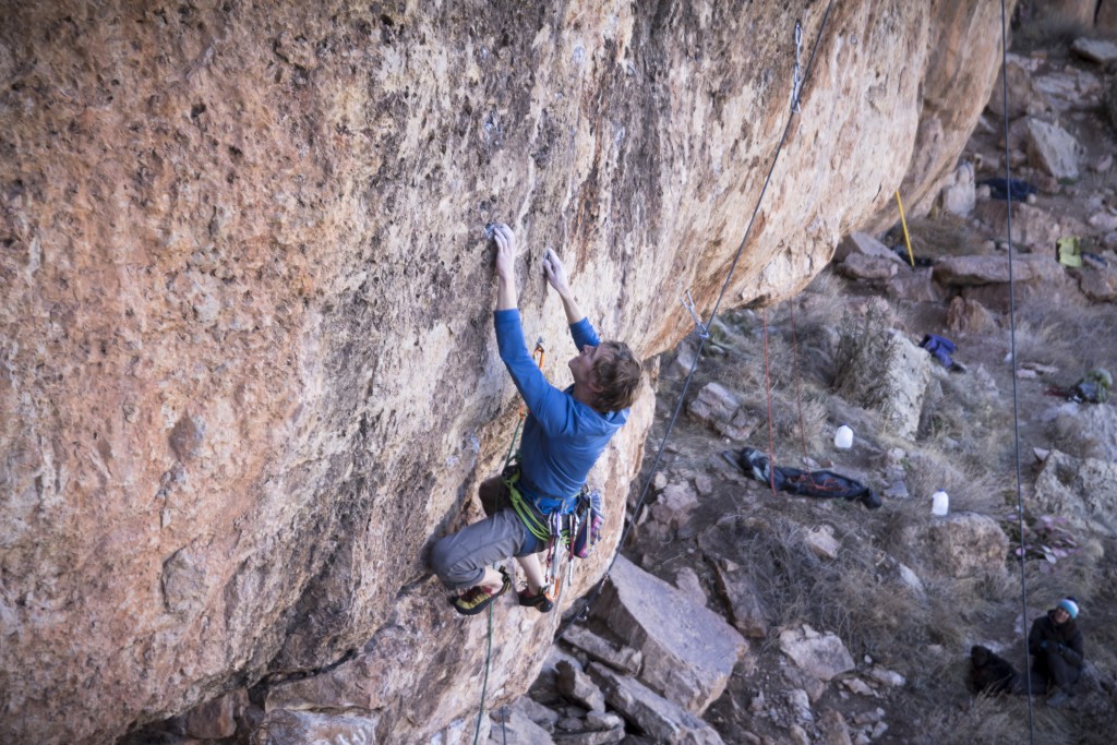 Just about to enter the crux (and get ejected). Ejection Seat 5.12b - Shelf Road, CO 