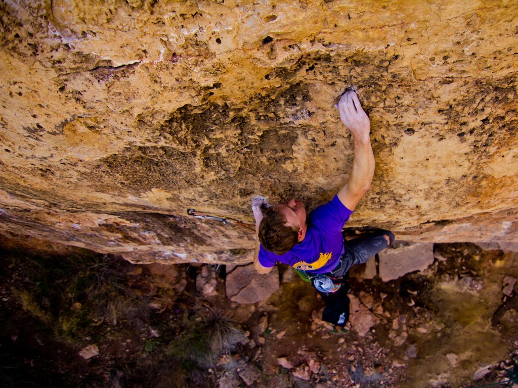 In the redpoint crux of My Generation (5.12d).