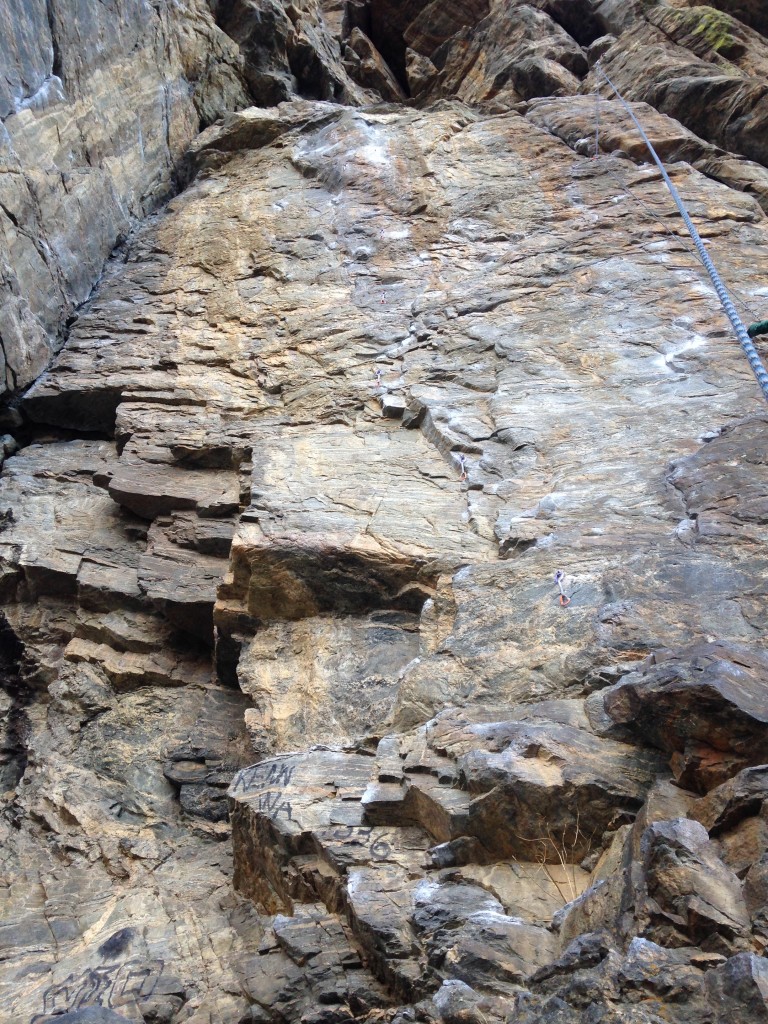 The iconic Ten Digit Dialing (5.12c) in Clear Creek Canyon, CO. Straight up the middle of the face to a crux at the shield.