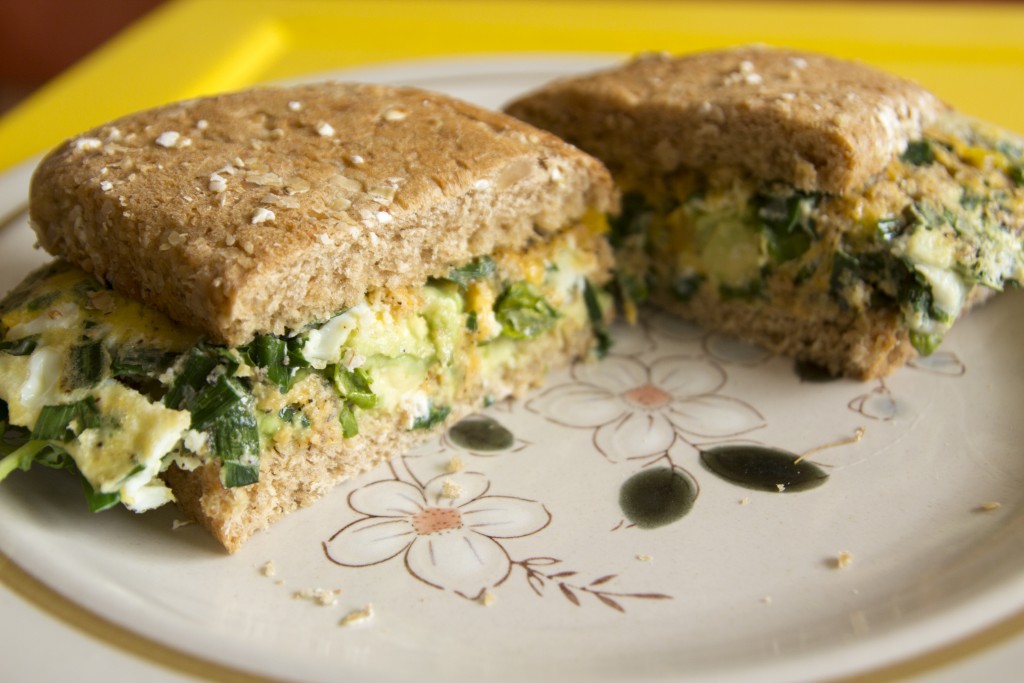 Green onion, chives, sharp cheddar, eggs and avocado. 