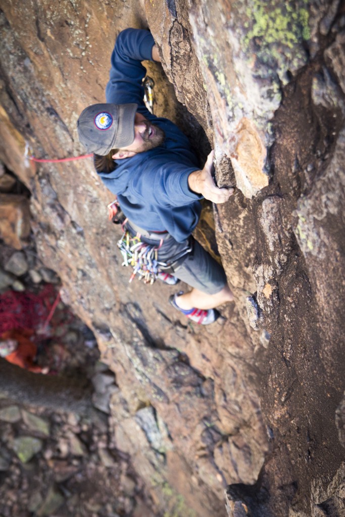 Adam on No Rain (5.10d) in the Tan Corridor.