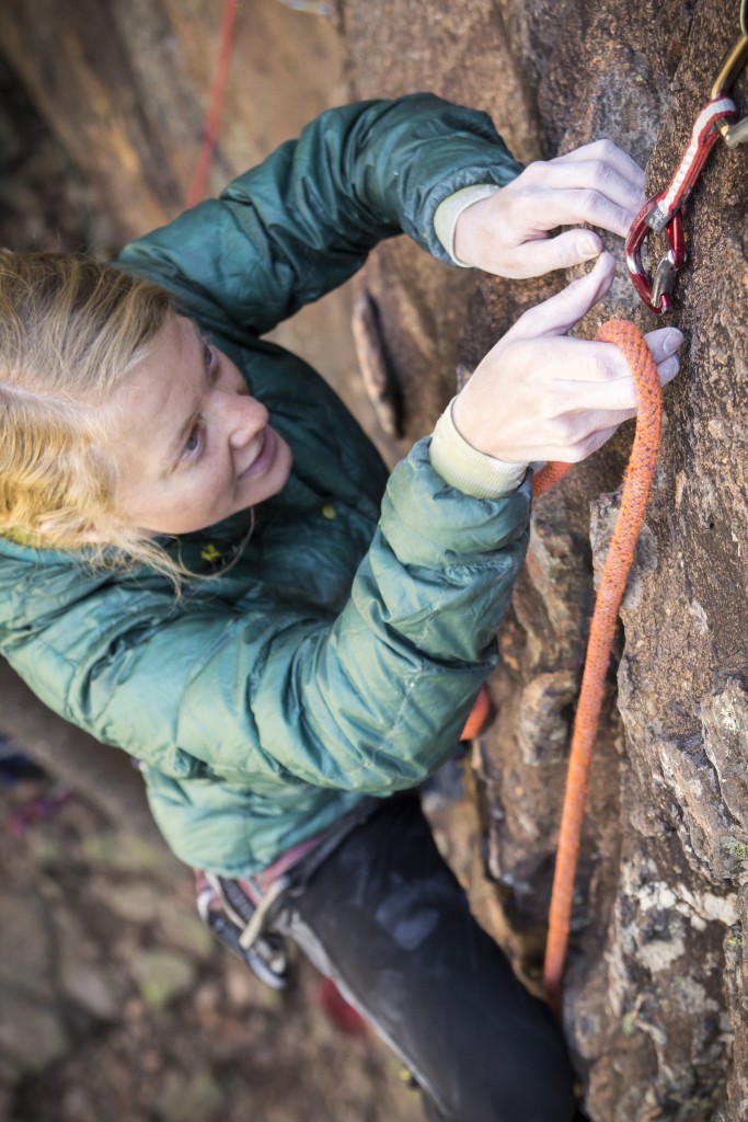 Robyn clipping up on Reef On It! (5.10d).