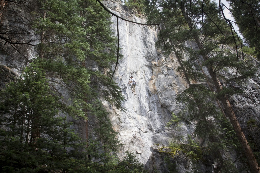 Nate shortly before pulling off a choss block taller than he is and just as wide. The block obliterated a boulder at the belay. Scary, considering a chalked rest hold was right in the middle of the now removed flake. 