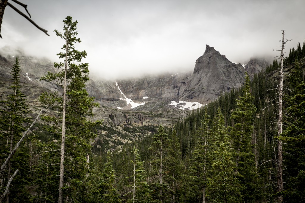 Spearhead. Our route ascended the middle of the steep main face into the dark "sickle" shaped overhang near the summit. 