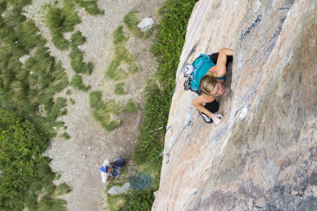 Robyn on Bone Machine (5.12a/b) at the Creamy Salmon Wall. 