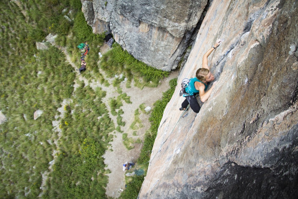 Robyn eyeing up the crux section of Bone Crusher (5.12a/b).