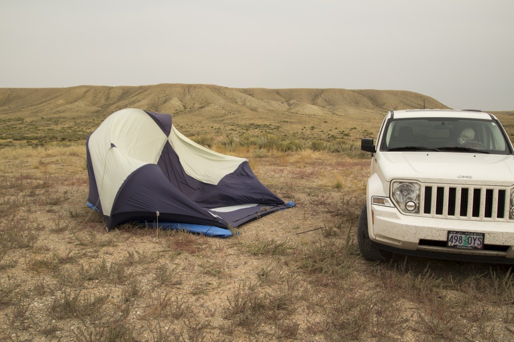 Fred's tent didn't make it out alive. High winds on the Wyoming plains. 