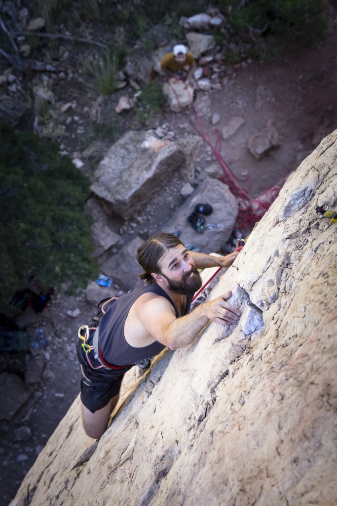 Through the pumpy first bit of Ewetopia (5.12a). 